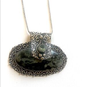 2 inch x 1 1/2 inch Scolecite and Peridot, 925 marked pendant On silver chain